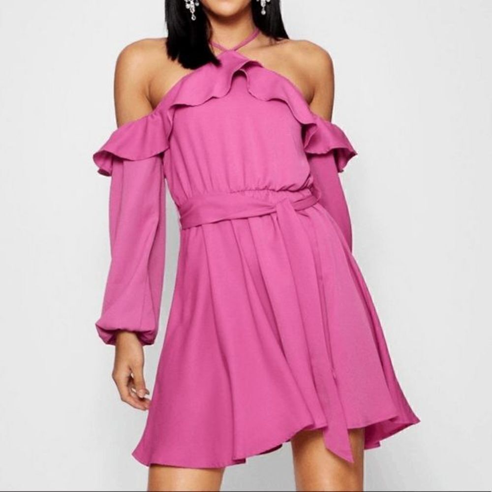 Boohoo Ruby Wrap Front Ruffle Shoulder Dress Size 12